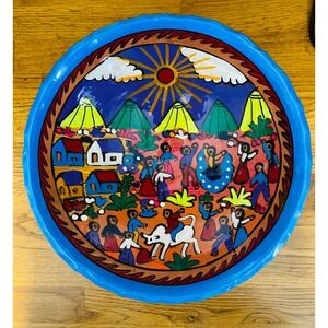 Hand Painted Bowl Folk Art Village Scene Sun Mountain Vintage Mexican Art